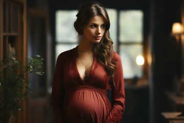 Elegant Pregnant Woman in a Stylish Red Dress