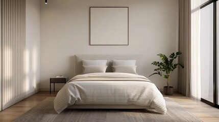 Minimalist bedroom with white bedding, large window, and indoor plant. Neutral colors create a serene and cozy atmosphere.