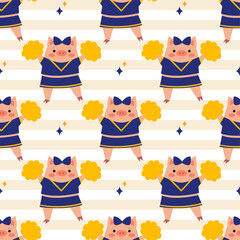 Seamless pattern with a cute pigs cheerleader with pompoms and stars on a striped background. Little pigs wearing cheerleader costume. Vector illustration in flat style.