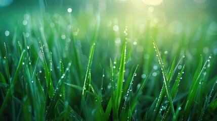 Close up of dew covered fresh green grass in a natural setting