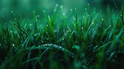 Close up of dew covered fresh green grass in a natural setting