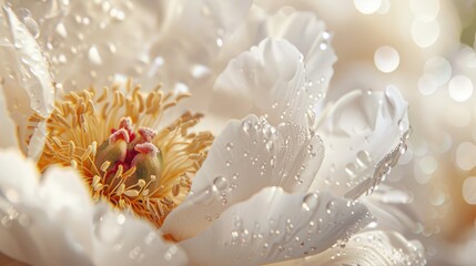 Close up of dewy white peony