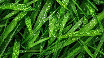 Close up of fresh green grass with dewdrops after rain top down view