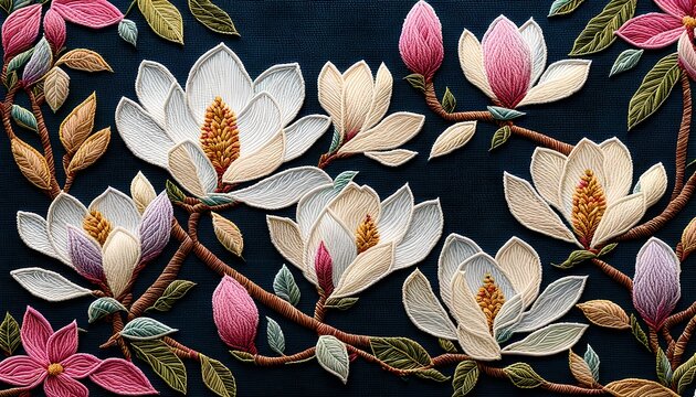 Magnolia Flowers Embroidery Art