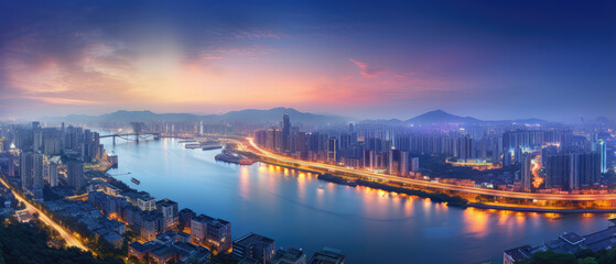 Fototapeta premium Majestic Sunset Over Urban Skyline Panorama