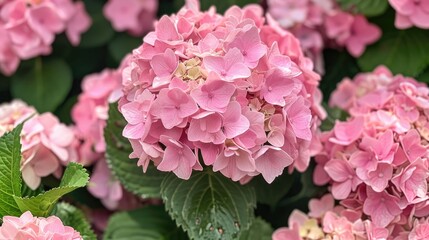 Close up of lovely pink hydrangea blooms