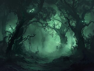 Obraz premium Enchanted Forest of Shadows: Mysterious Clearing with Eerie Green Glow and Glowing Eyes