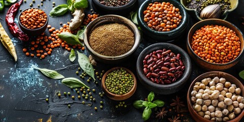 Various Types of Legumes and Grains in Bowls