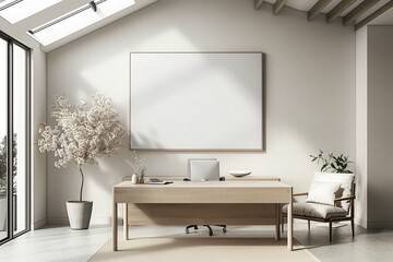 3d render mockup of A white office with a large white wall and a white desk