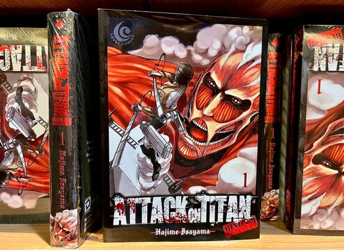 Jakarta, Indonesia - July 18th, 2024 - Comic book cover in Gramedia book store wooden shelf isolated on horizontal ratio background.