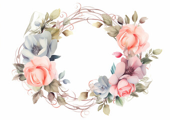 pastel watercolor rose flowers, oval frame, muted colors, flower design vector, white background