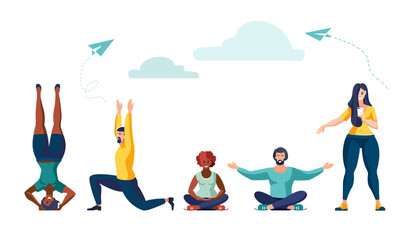 Concept of meditation during working hours, break. Ethnic people doing physical exercises, selfie, girls, boys. Benefits for the health of the body, mind emotions, thought process. Vector illustration