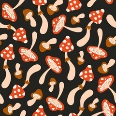 Floral seamless pattern with cute mushrooms on a black background. Groovy retro vintage print in style 70s, 80s. Vector illustration