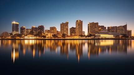Fototapeta premium Twilight Serenity: Urban Skyline and Water Reflection