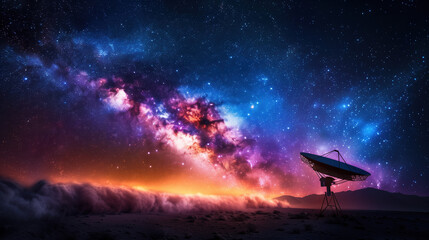 Naklejka premium Deep Space AI Satellite Sending Interstellar Message of Peace and Hope to Milky Way