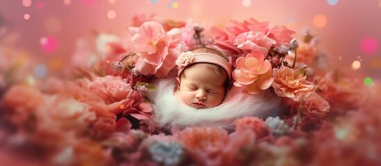 Fototapeta premium Sleeping Newborn Baby Surrounded by Pink Flowers