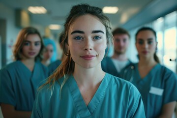 Fototapeta premium Nursing Student. Portrait of Female Student in Scrubs with Medical Team in Hospital Setting