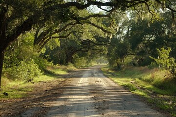 Obraz premium Oaks Country Road Scene in Savannah, Georgia. Scenic Location with Famous Landmarks