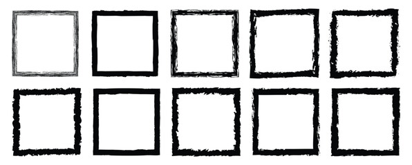 Set of grunge square frames. Dirty borders frames collection isolated on white background. Design elements for banner, poster, flyer, invitation, card, social networks, blog posts. 
