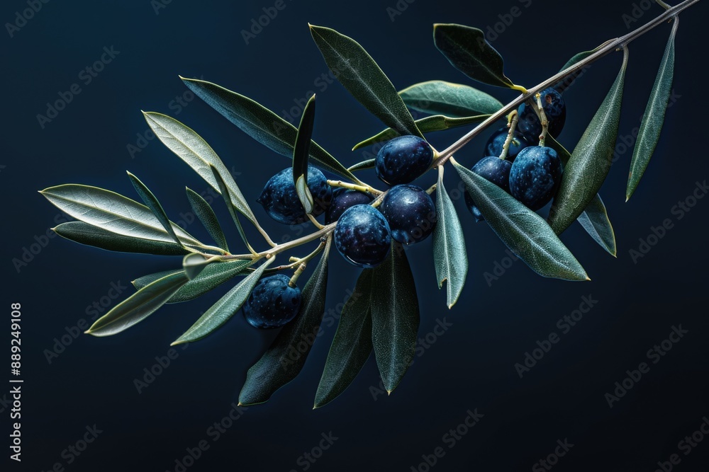 Poster a close-up shot of an olive branch with leaves against a dark background