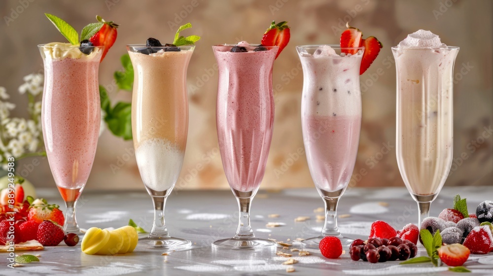 Sticker Colorful milkshakes in elegant tall glasses with fresh fruit decoration. Each shake has its unique flavor and color