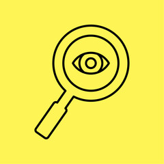 magnifying glass and eye retina icon, search symbol. line vector isolated on yellow background. trendy and modern design
