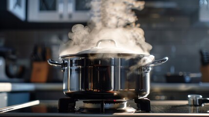 Steam escaping from a pressure cooker in a modern kitchen.