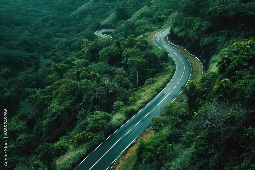 Poster a narrow path amidst dense foliage, ideal for use in travel or nature-themed projects