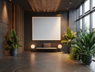 3d render mockup of A large white wall with a black frame and a black