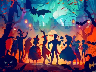 Obraz premium Vibrant and Spooky Halloween Party with Diverse Costumes and Genuine Interactions