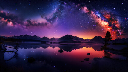 Panoramic Night Sky View Featuring Milky Way Galaxy, Mountain Silhouettes, Reflective River, and Pine Tree