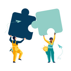 Business concept. Team metaphor. people connecting puzzle elements, African American girl, man. Vector illustration flat design style, banner, poster. Symbol of teamwork, cooperation, partnership