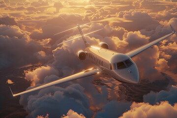 Fototapeta premium A stunningly detailed image of a commercial jet flying high above the clouds at sunset, with the warm, golden light casting a soft glow on the plane's fuselage and the dramatic sky