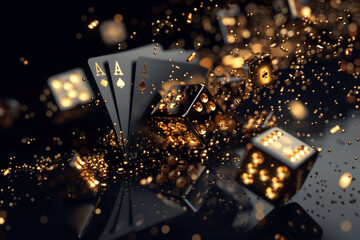 A stylish casino banner with a sophisticated black and gold theme, featuring elegant images of high-stakes poker games, crystal-clear dice, and royal flush cards, with an upscale font for the casino's
