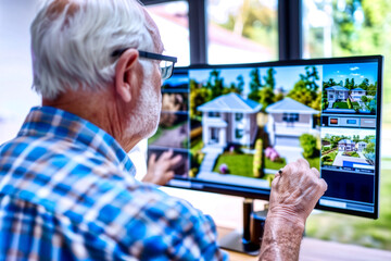 Virtual retirement community tour Senior man exploring digital housing options residential area online property viewing elderly technology adoption retirement planning active aging lifestyle choices