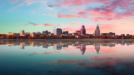 Naklejka premium Picturesque City Skyline and Reflection at Sunset