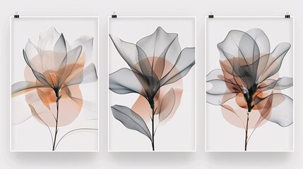 A set of three posters with a flowing line art flower that spans all pieces, creating a cohesive and stylish composition on a white background
