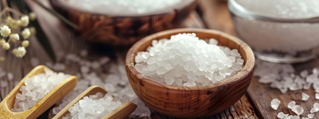 
Sea salt in bowls on a wooden base.