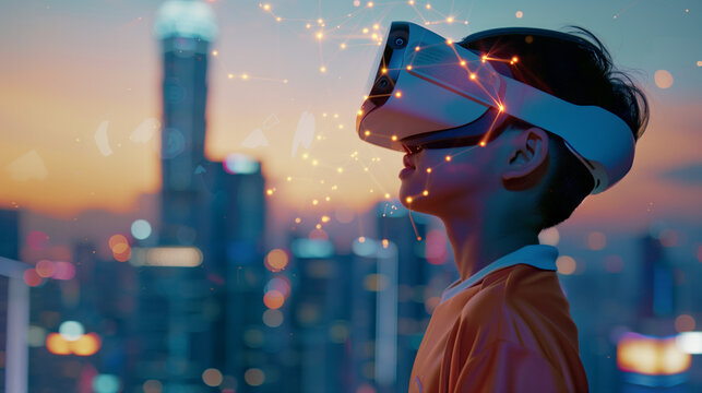 Portrait of a schoolboy wearing a VR virtual reality headset using an immersive blockchain interface against a blurred cityscape background. Concept of metaverse, cyberspace and future education.