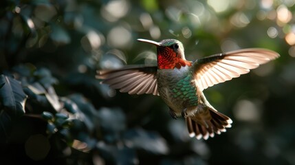 Fototapeta premium A beautiful hummingbird hovers mid-air with its wings fully extended, showcasing its agility and grace. The bird's vibrant colors contrast against the blurred, natural background.