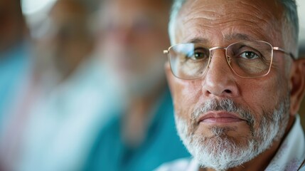 An elderly man with glasses, characterized by wisdom and experience, looks thoughtfully into the camera, capturing a moment of introspection and the richness of life's journey.
