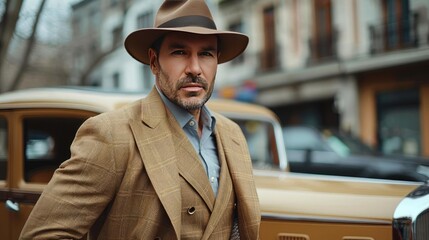 Man in a vintage suit and fedora, posing with a classic car, highlighting retro fashion and style