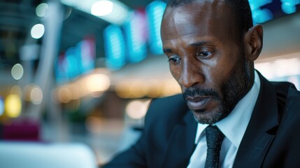 A man appears deeply focused, wearing a suit and tie, working on a laptop in an indoor setting with blurred background lights, giving a professional atmosphere.