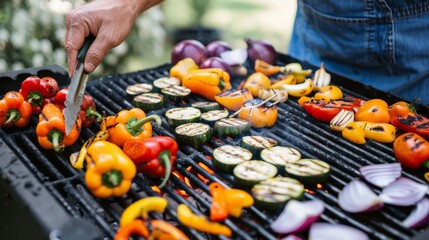 A person grilling vegetables on an outdoor barbecue, with colorful peppers, zucchini, and onions