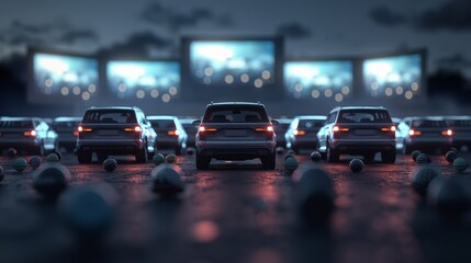 A row of cars are parked in front of a movie theater