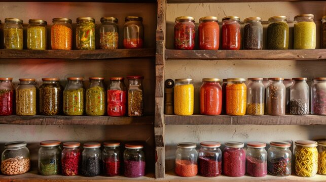 Traditional Indian pickles and chutneys in colorful jars displayed on a wooden kitchen shelf.