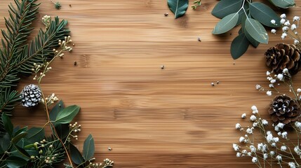 A beautiful flat lay arrangement on a wooden surface featuring pine cones, green leaves, and delicate white flowers. Perfect for seasonal or nature-themed designs.