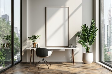 3d render mockup of A white desk with a chair and a potted plant in front of a large window
