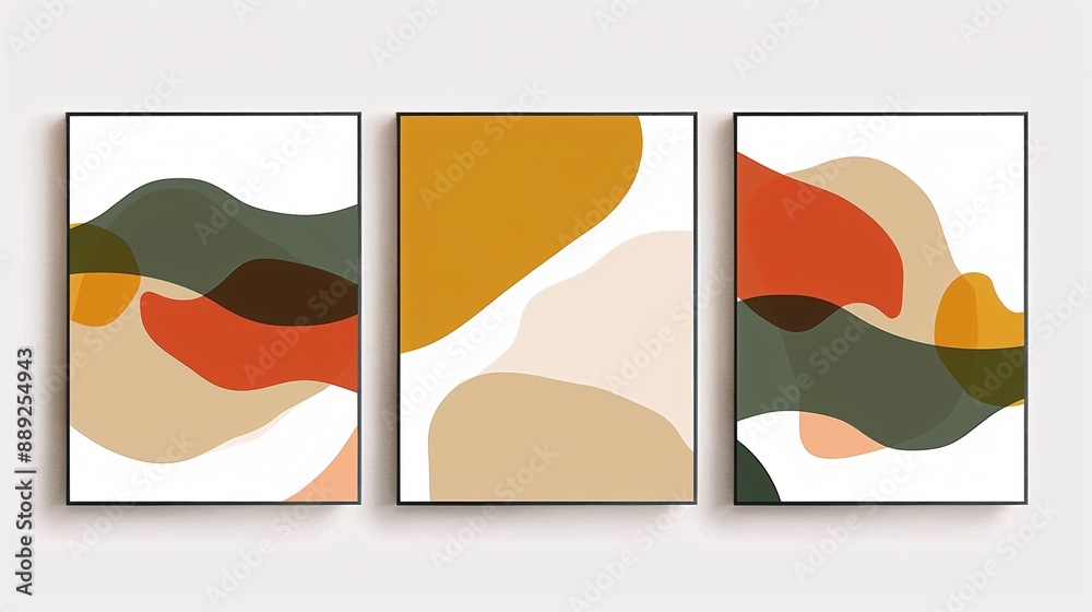 Poster a set of three minimalistic abstract art posters with a continuous design, seamlessly connected acro