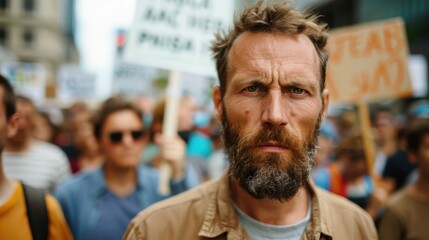 Fototapeta premium A rugged man with a prominent beard is seen at a busy protest, holding a sign amid a large crowd; his expression is serious and determined, reflecting his commitment.